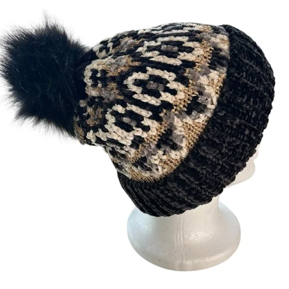 Free People Chalet Fairisle Pom Beanie, Black/Gold Metallic Combo, One Size - Picture 3 of 6